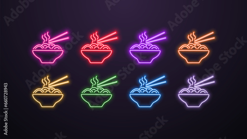A set of neon multicolored bright shiny icons of noodles and spaghetti in a plate with chopsticks. Logo for fast food.
