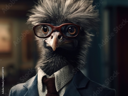 Emu dressed in a business suit and wearing glasses © Denis Darcraft