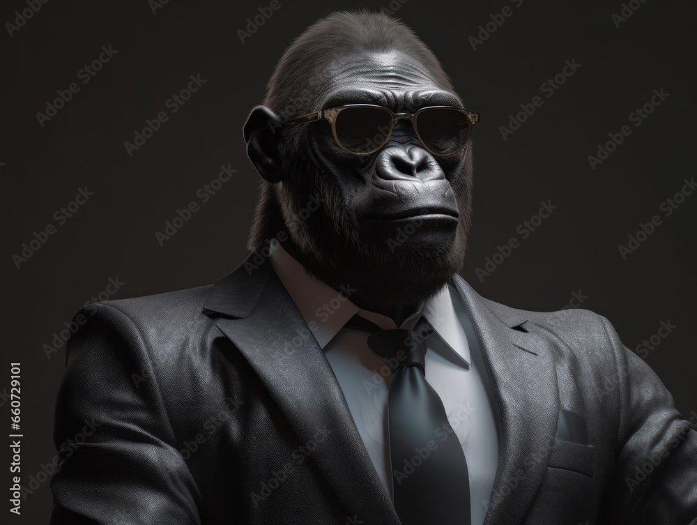 Gorilla dressed in a business suit and wearing glasses Gorilla dressed in a business suit and wearing glasses