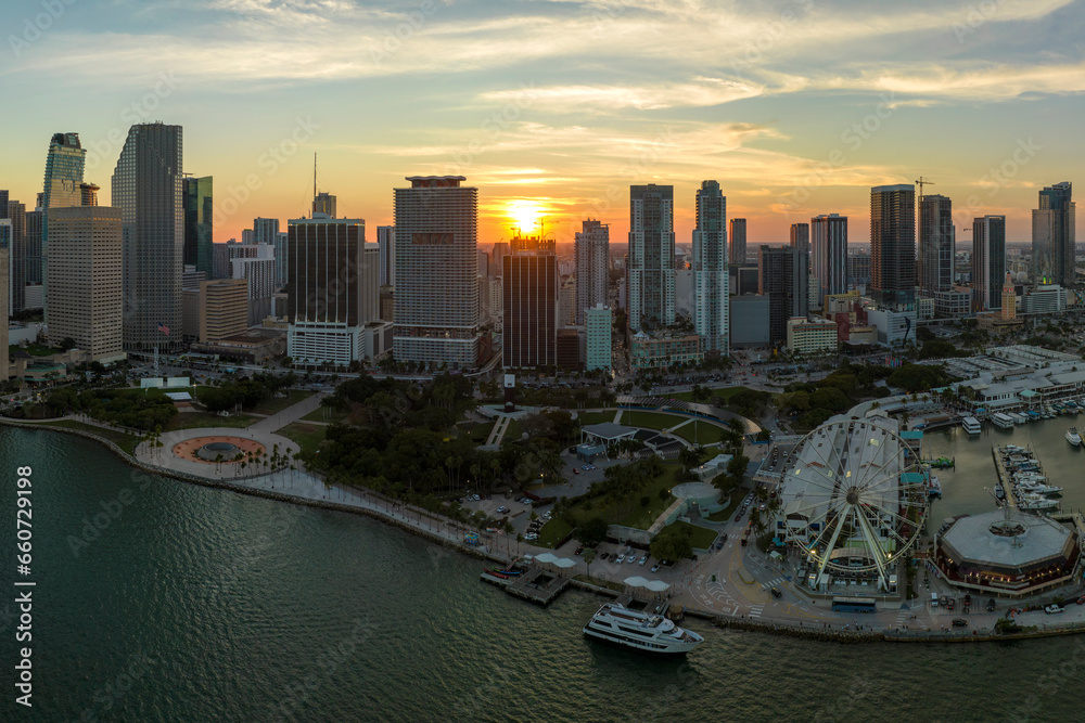 Fototapeta premium Evening urban landscape of downtown district of Miami Brickell in Florida, USA. Skyline with dark high skyscraper buildings in modern American megapolis