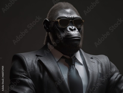 Gorilla dressed in a business suit and wearing glasses
