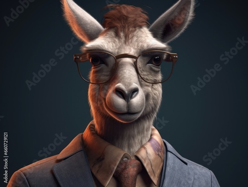 Guanaco dressed in a business suit and wearing glasses