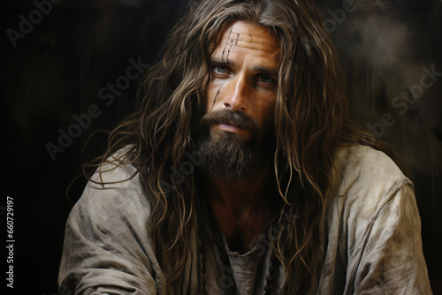 Portrait of Jesus Christ, savior of mankind, son of god, god, bible religion. Christianity, Old Testament Messiah who became the atoning sacrifice for the sins of men. Gospels, New Testament.