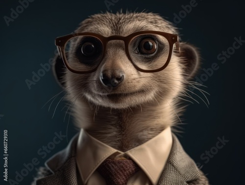 Meerkat dressed in a business suit and wearing glasses