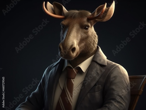 Moose dressed in a business suit and wearing glasses