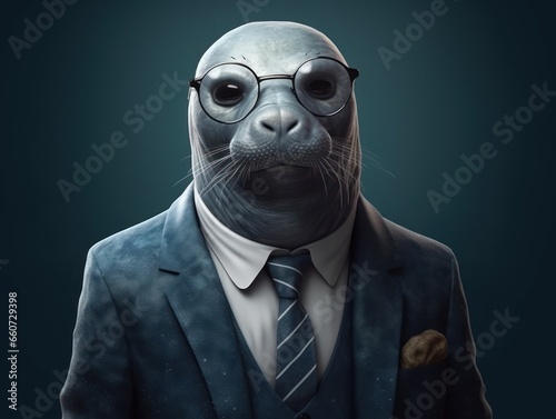 Narwhal dressed in a business suit and wearing glasses