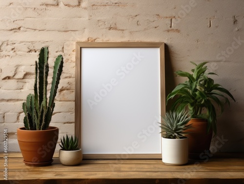 wooden frame mock up leaning against the wall beside plant and pot with brick exposed background © zanderdesk