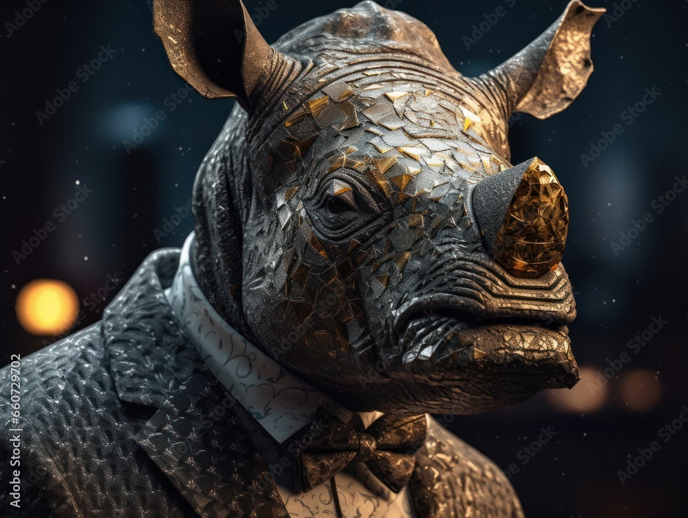 Rhinoceros dressed in a business suit and wearing glasses