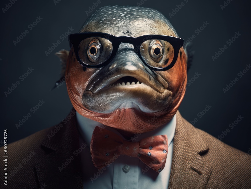 Salmon dressed in a business suit and wearing glasses