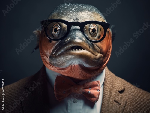 Salmon dressed in a business suit and wearing glasses