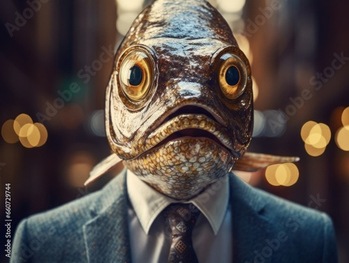 Sardine dressed in a business suit and wearing glasses