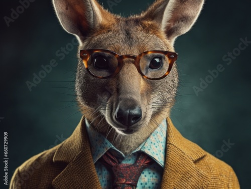 Wallaby dressed in a business suit and wearing glasses