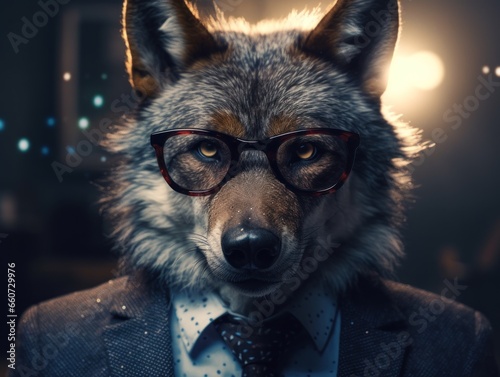 Wolf dressed in a business suit and wearing glasses
