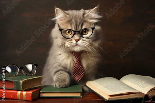 an educated feline with a scholarly appearance. Generative AI