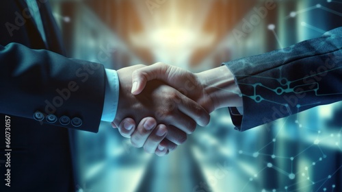 Close up of business people shaking hands against technology background, leader, teamwork, target, Aim, confident, achievement, goal, on plan, finish, generate by AI..