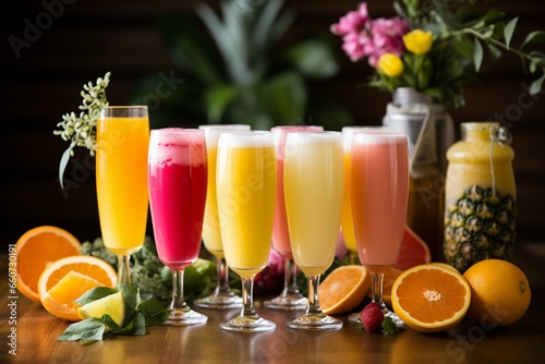 Assorted mimosa flavors for brunch. Generative AI