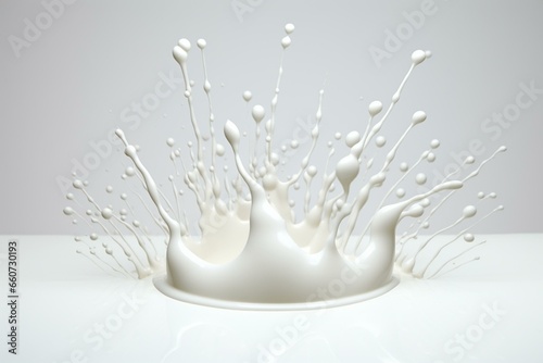 Round milk dribble on white backdrop. Generative AI