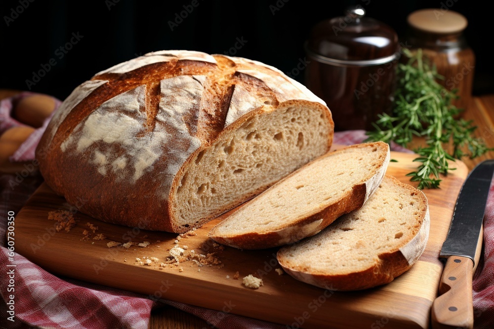 Healthy homemade bread on wooden board. Generative AI