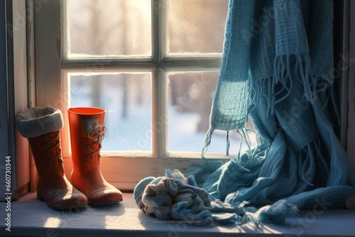 winter boots and scarf on frosty windowsill. Generative AI
