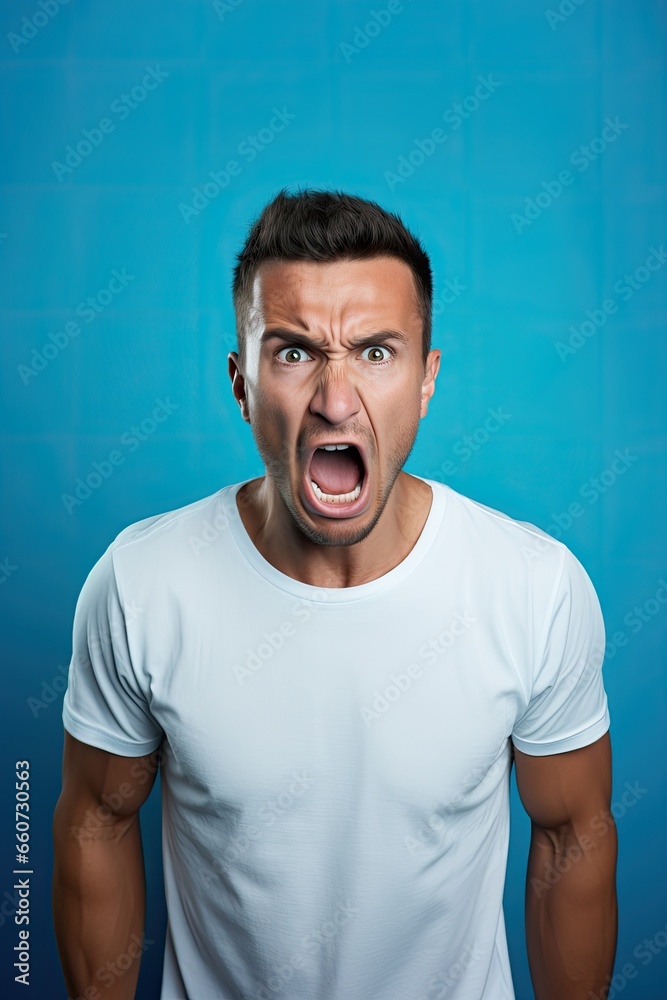 Portrait of caucasian man in white shirt who is screaming isolated over blue background. Portrait of caucasian man in white shirt who is screaming isolated over blue background.