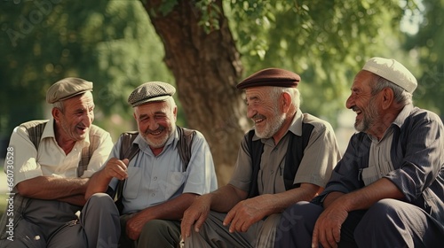 Happy group of eldery talking and feel happy in the park.