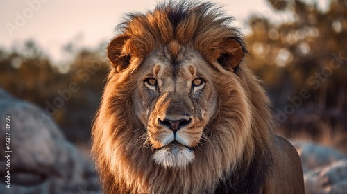 The male lion looks proud standing with sharp eyes