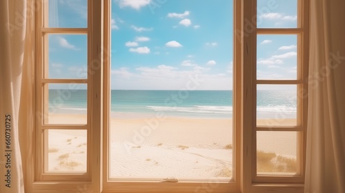 The view from the open window overlooks the white sandy beach