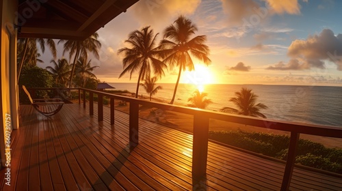 The view from the terrace of the beach villa is a beautiful sunset on the beach