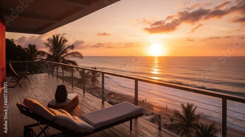 The view from the terrace of the beach villa is a beautiful sunset on the beach