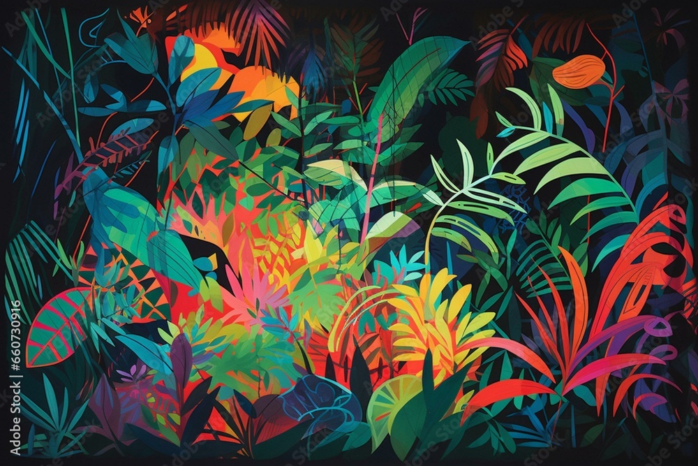 Colorful artwork featuring bright neon patterns amid lush foliage. Generative AI