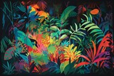 Colorful artwork featuring bright neon patterns amid lush foliage. Generative AI