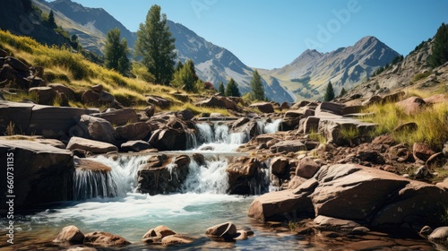The waterfall flows from the top of steep mountain rocks against a clear sky in the background