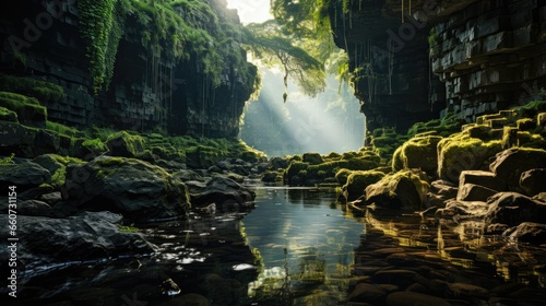 The waterfall flows over a steep rock cave