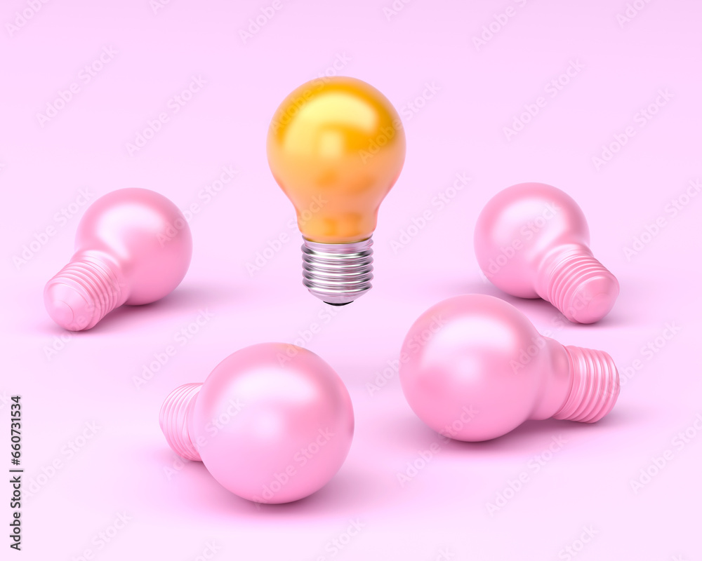 3d illustration of yellow bulb outstanding from pink bulb on pink background. 3d illustration of yellow bulb outstanding from pink bulb on pink background.