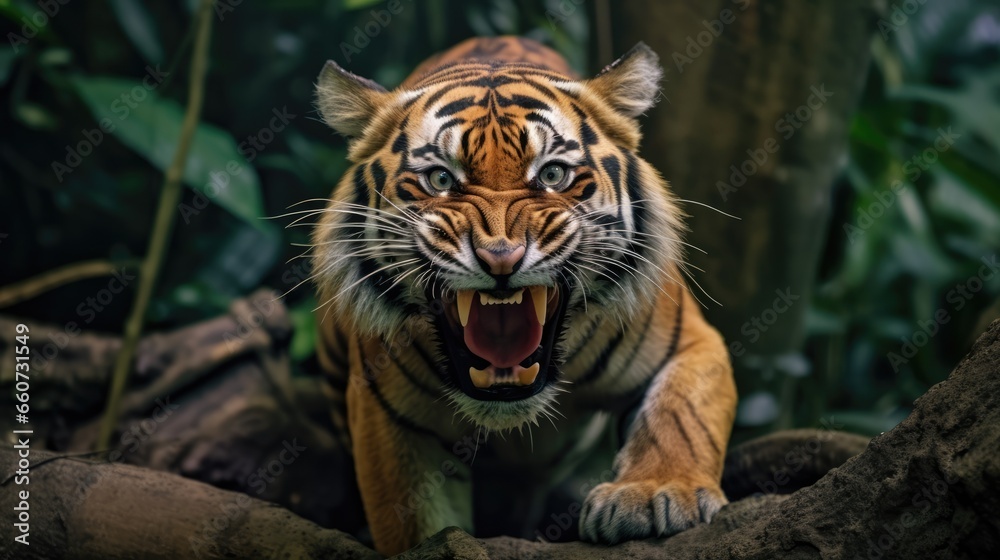 Obraz premium Tiger pose when roaring with a ferocious face
