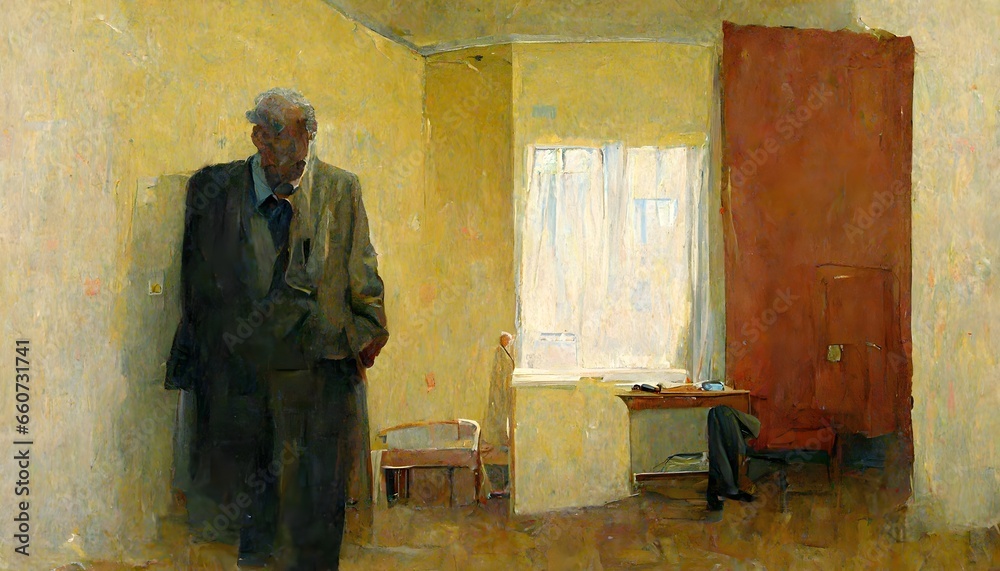 portrait older man in suit empty room 