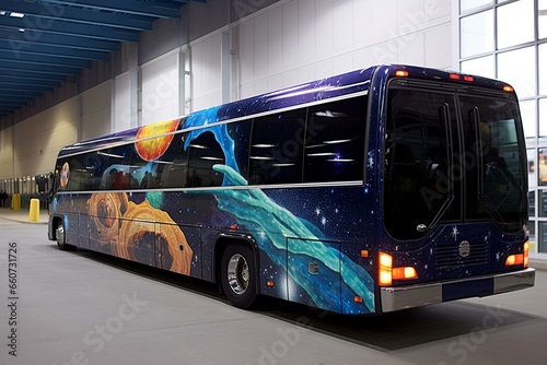 Bus wrap with space theme. Experience cosmic journey. Generative AI