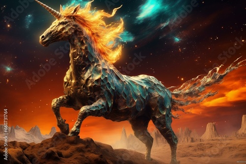 Image depicting a majestic black unicorn gracefully dancing amidst a cosmic landscape with crackling desert scenery. Generative AI