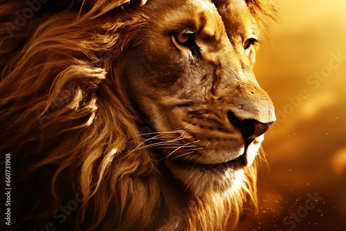 Close-up of lion s face against golden backdrop. Generative AI
