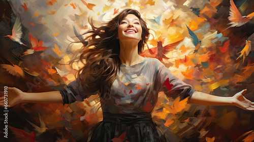 Happy young woman with a smile stretches her hands apart, birds flying away in the background. Creativity concept.