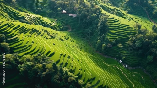 Top view of fresh green rice fields. Rice Terrace