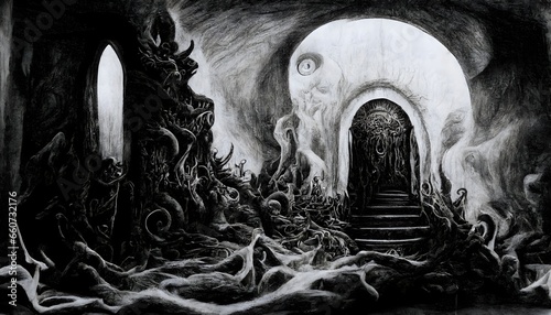 Black and white Anamorphosis pencil sketch of a demonic portal entering another dimension dark and evil environment highly detailed 