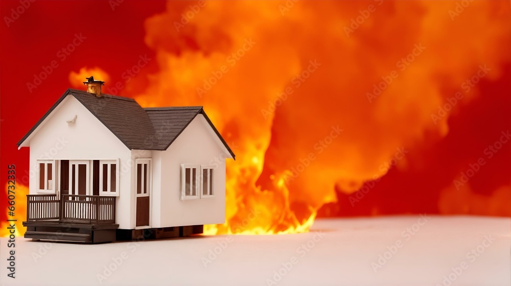 一戸建て住宅のミニチュア模型、 火事、燃える家|A miniature model of a detached house. fire. burning house. Generative AI 一戸建て住宅のミニチュア模型、 火事、燃える家|A miniature model of a detached house. fire. burning house. Generative AI