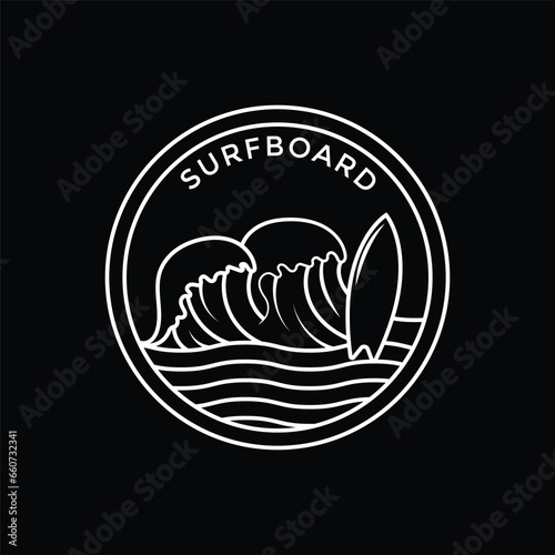 Line art surfboard beach with circle shape for surf surfer surfing stamp label logo design ideas