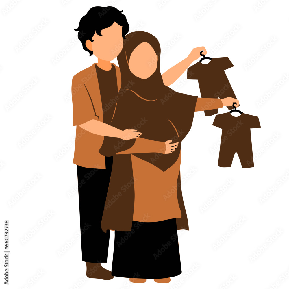 Muslim Couple Pregnant with Twins Vector Illustration 
