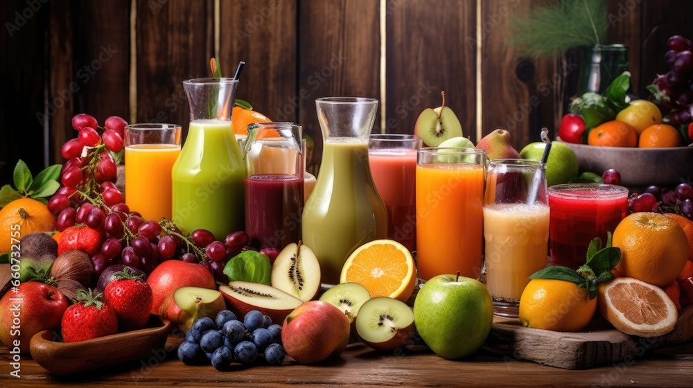 Various fruit juices and their ingredients on a wooden table background Various fruit juices and their ingredients on a wooden table background