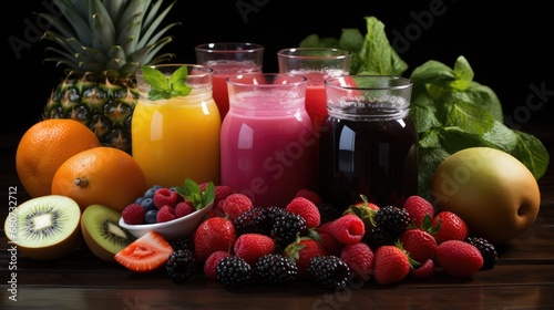 Various fruit juices and their ingredients on a white background