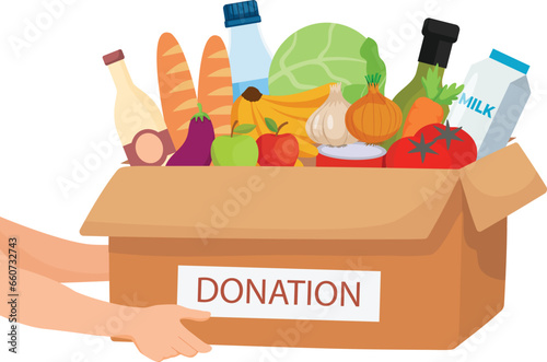 Hands holding food donation box with grocery products for needy and poor people