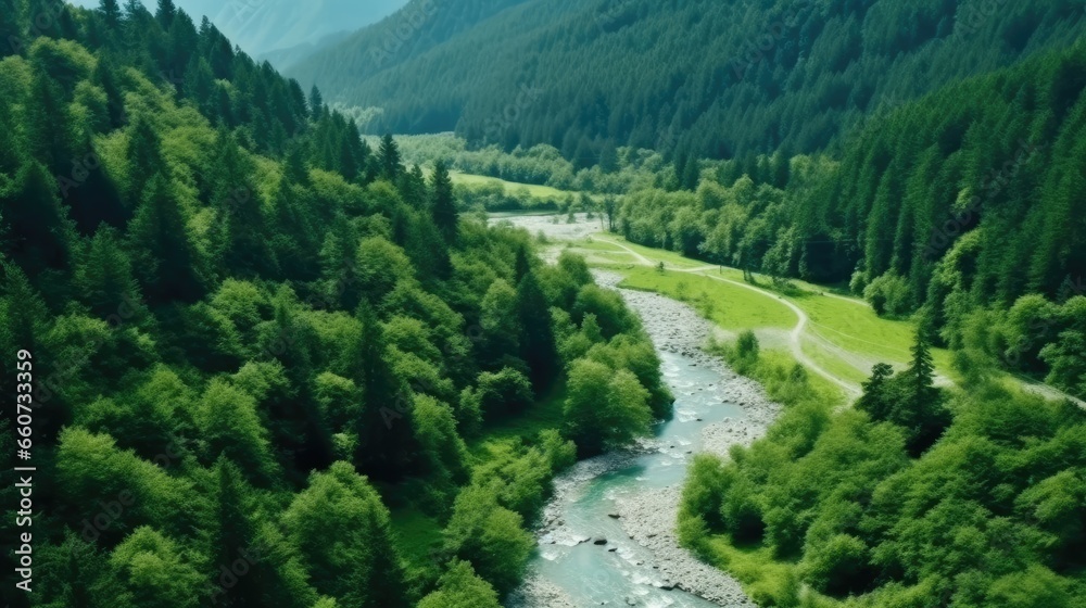 View from above, beautiful natural river in green forest with mountains in the background