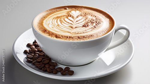 View from above of hot cappuccino in a white cup with roasted coffee beans next to it on a white background